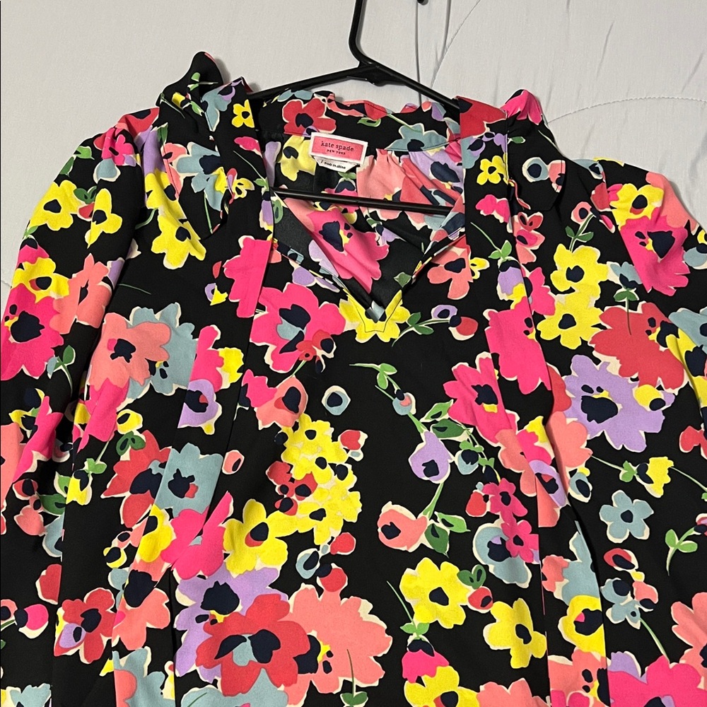 Kate Spade Black Floral Blouse with Pink and Yellow Accents